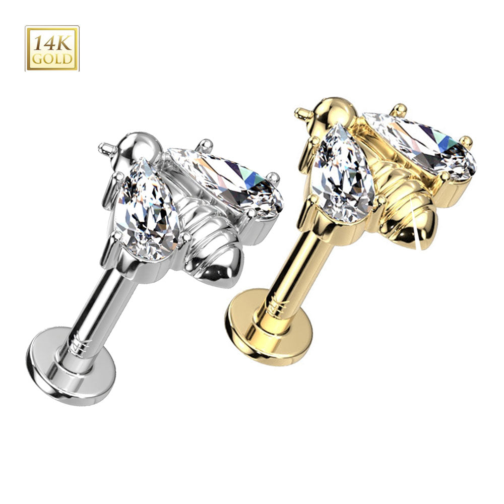 14K Solid Gold 16 Gauge Threadless CZ Wing Bee Labret Stud