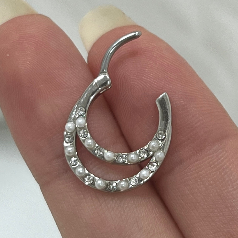 Surgical Steel 16 Gauge CZ Pearl Double Row Hinged Segment Ring