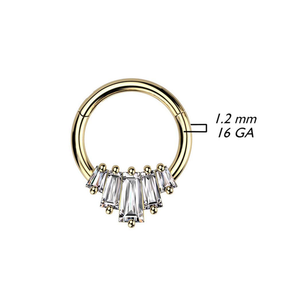 Surgical Steel 16 Gauge Five Baguette CZ Fan Hinged Segment Ring