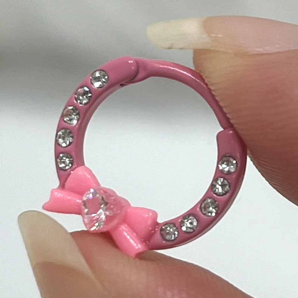 Surgical Steel 16 Gauge Pink Heart Bow CZ Hinged Segment Ring