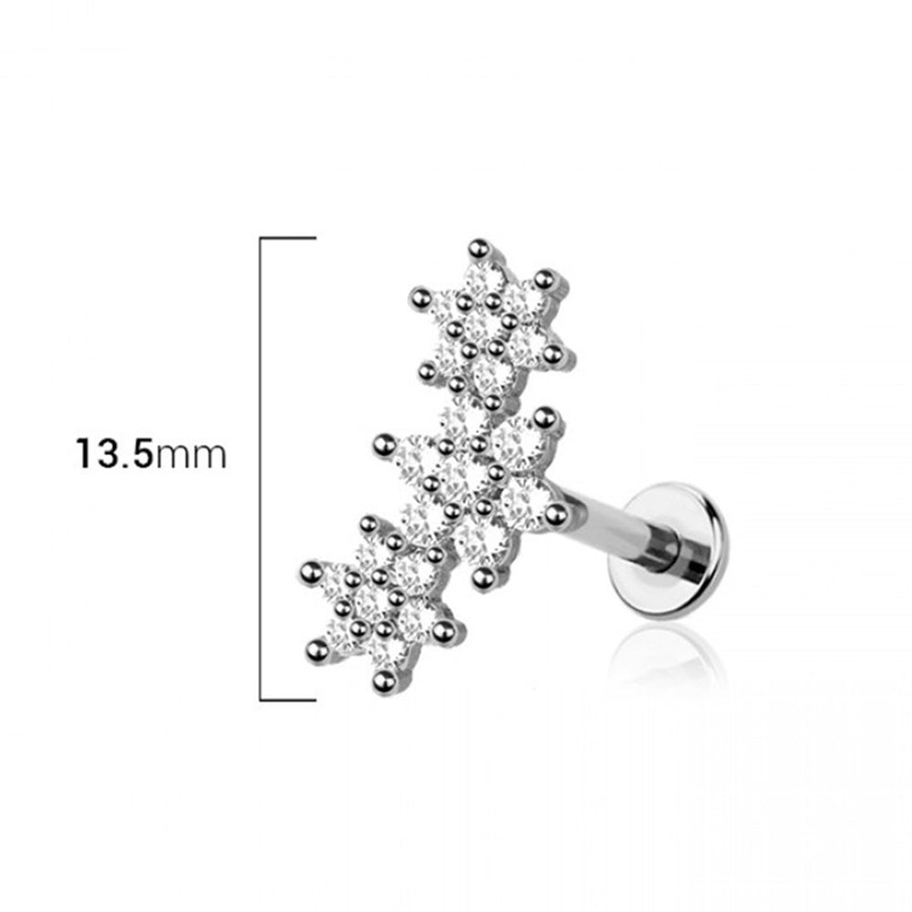 Surgical Steel 16 Gauge Triple Flower CZ Flat Back Labret Stud