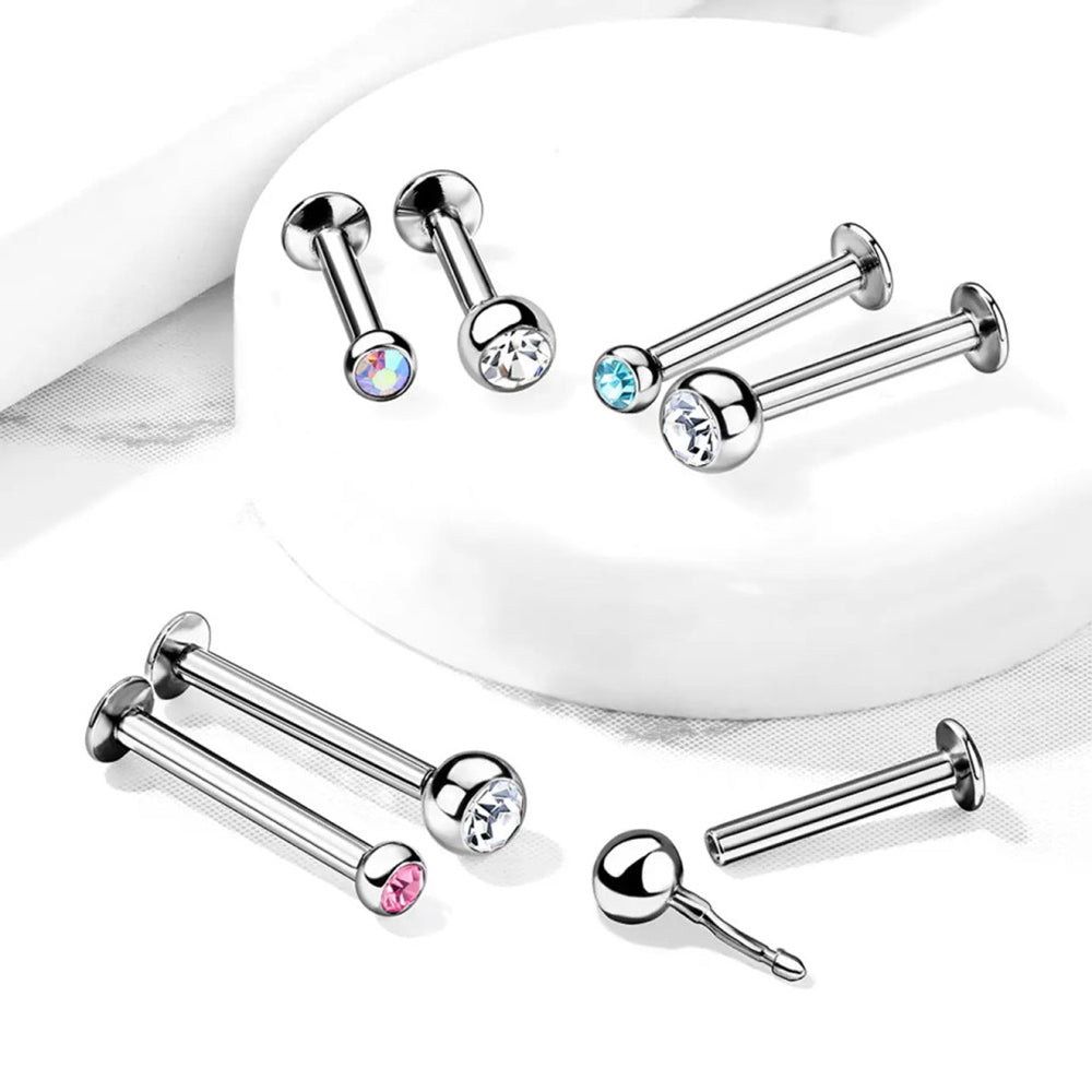 Titanium 16 Gauge Flat Back Labret Stud with Bezel CZ Ends - photo 3