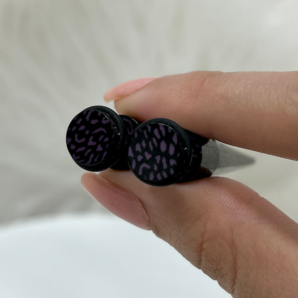 Acrylic 16 Gauge Fake Ear Tapers with Purple Black Leopard Skin - Pair - photo 2