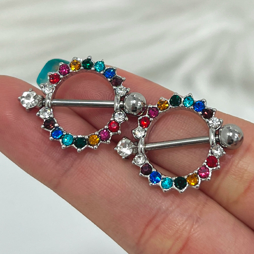 Surgical Steel Nipple Shield with Rainbow CZ Circle of Life - Pair - photo 5