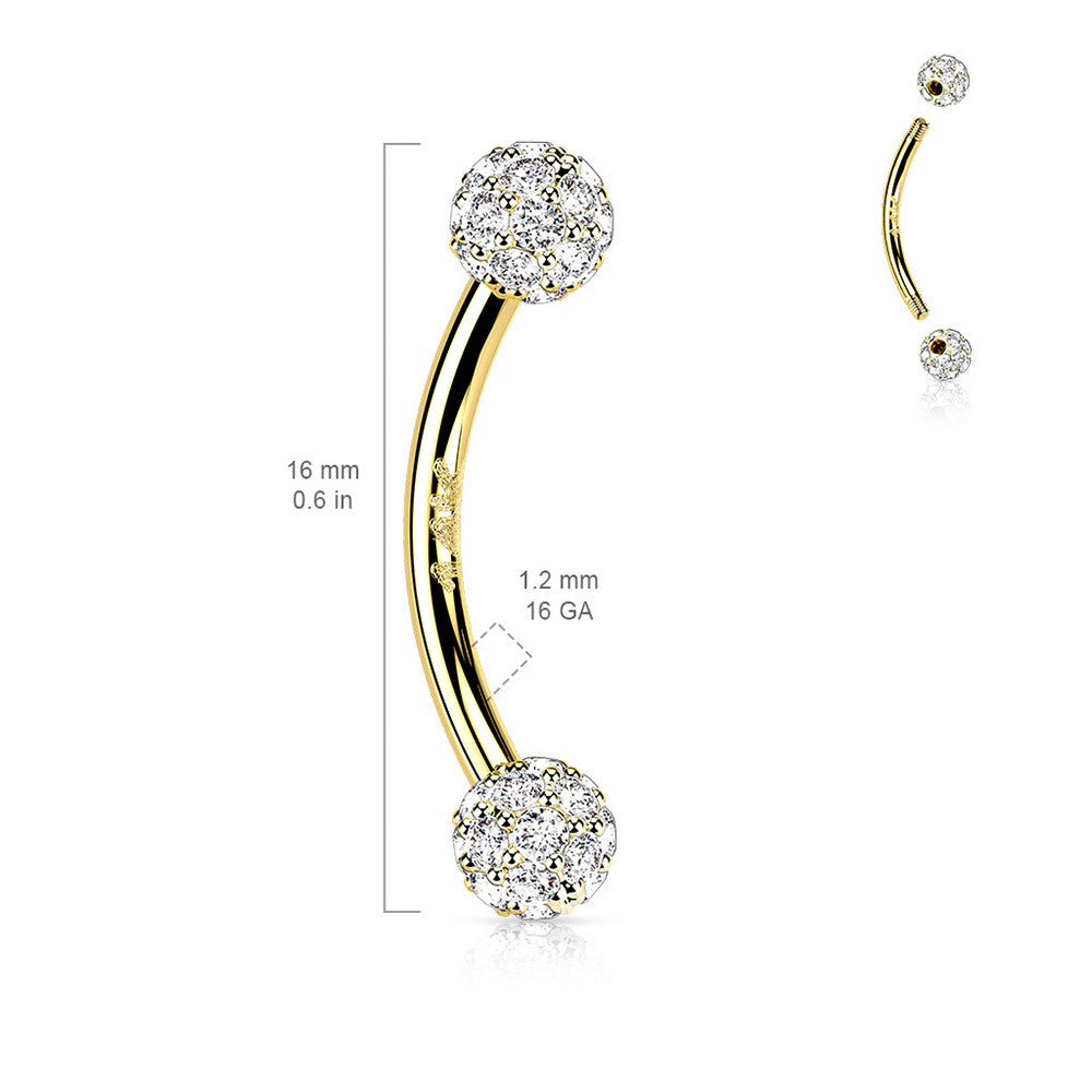 14K Solid Gold 16 Gauge Curved Barbell with Paved CZ Ball - photo 2