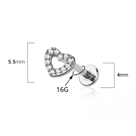 Surgical Steel 16 Gauge Flat Back Labret Stud with CZ Heart