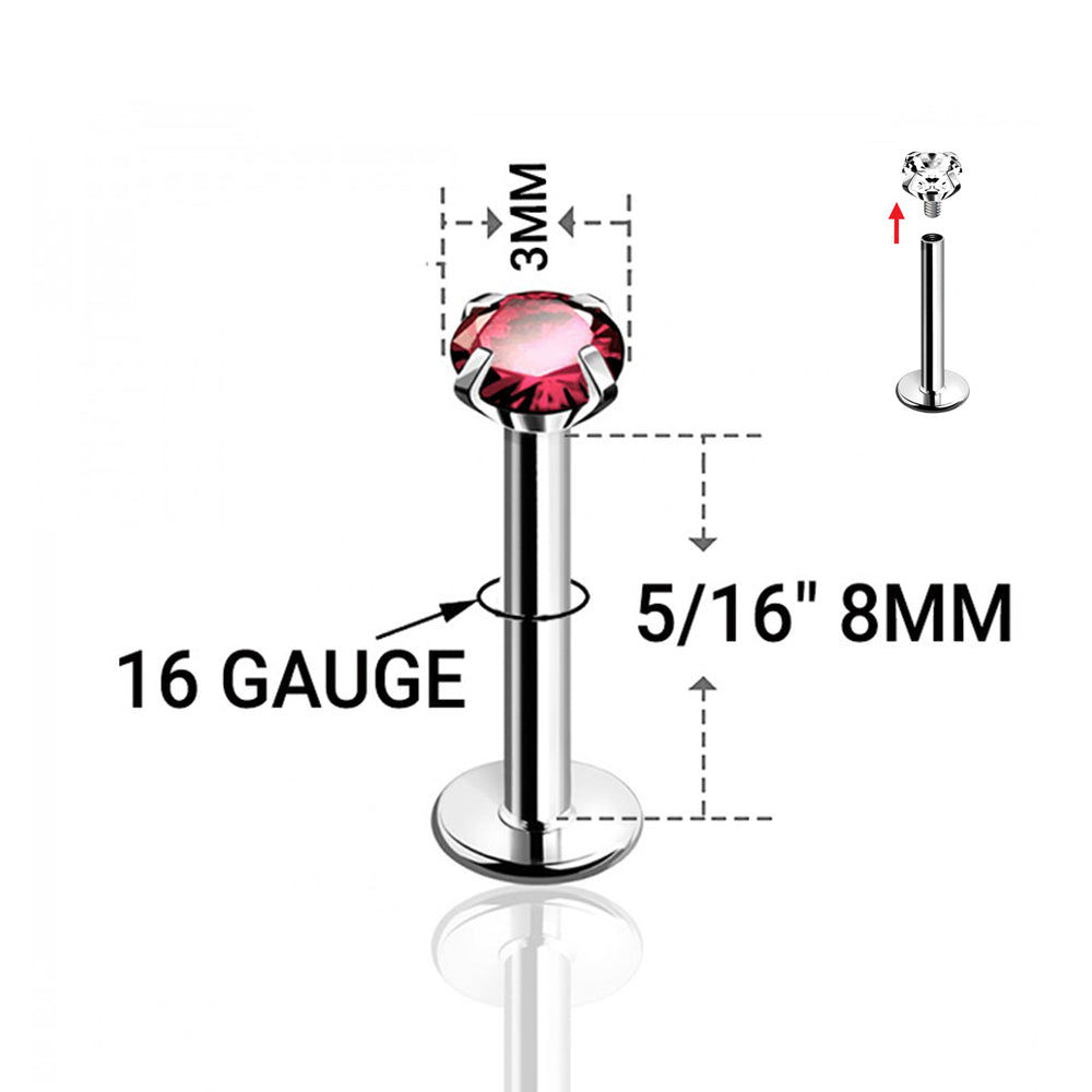 Surgical Steel 16 Gauge Prong CZ Flat Back Labret Stud 8mm
