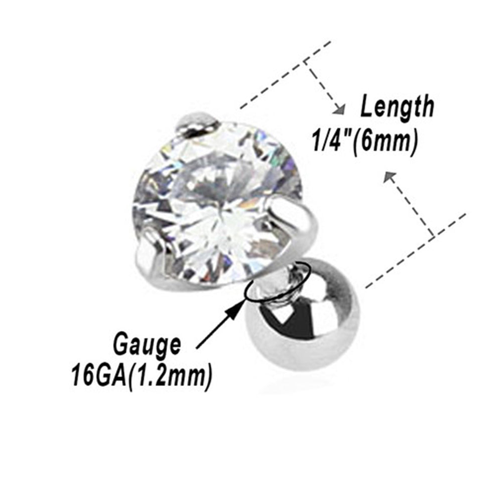Surgical Steel 16 Gauge Prong CZ Tragus Barbell Earrings - 3 Pack
