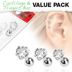 Surgical Steel 16 Gauge Prong Heart CZ Tragus Barbells - 3 Pack