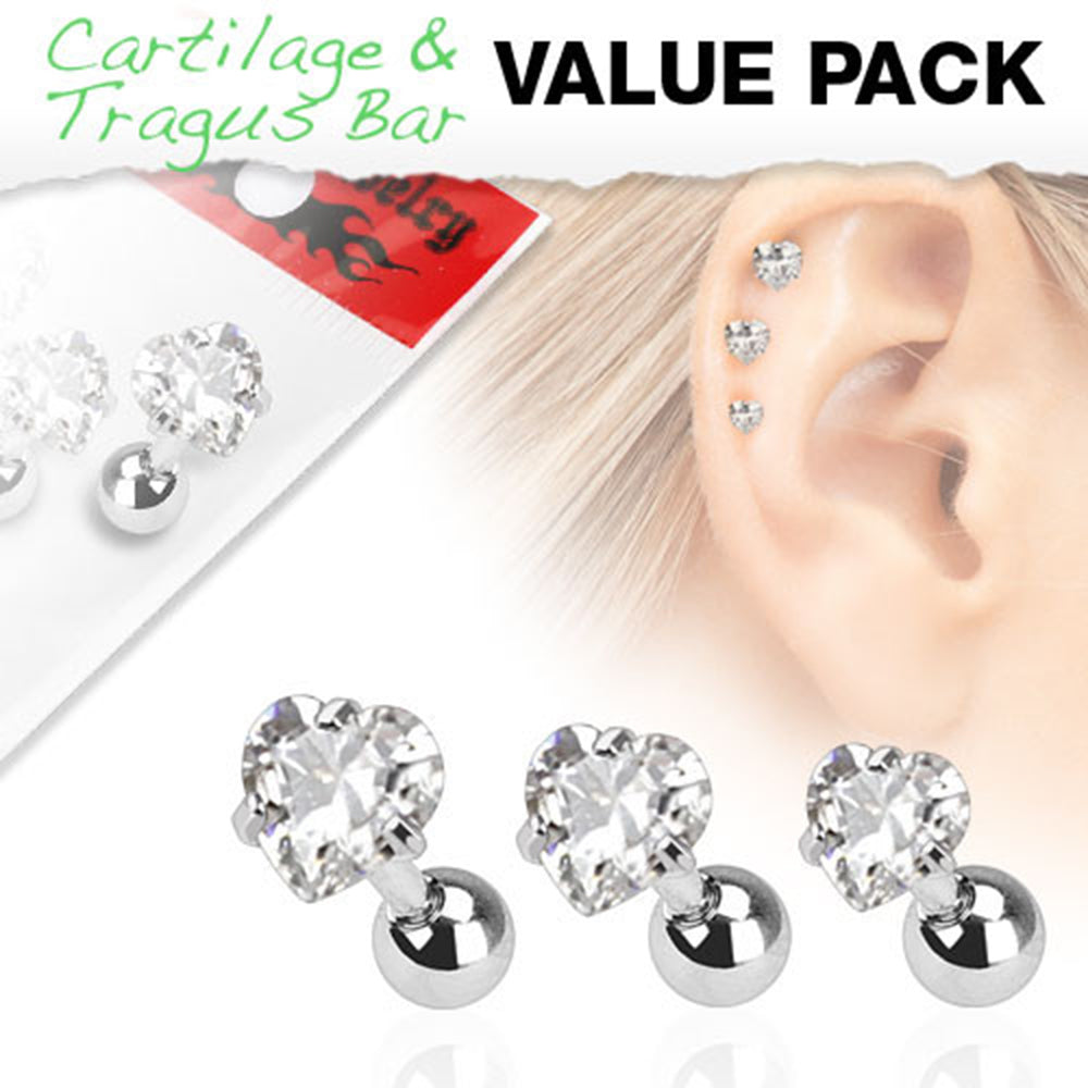 Surgical Steel 16 Gauge Prong Heart CZ Tragus Barbells - 3 Pack