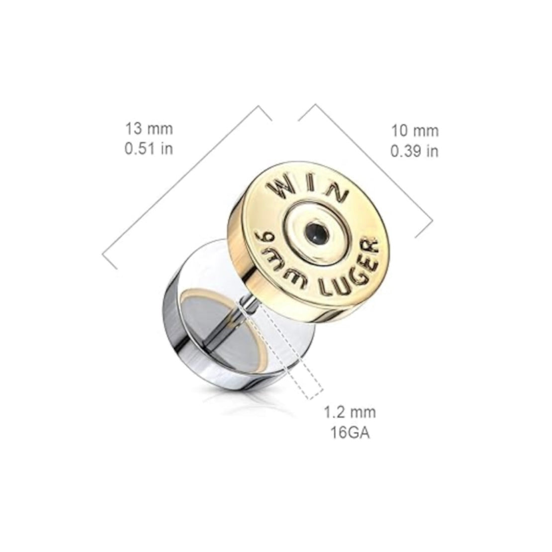 Surgical Steel 16 Gauge Fake Plugs with PVD Gold Bullet Backs - Pair - photo 2