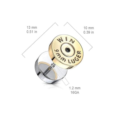 Surgical Steel 16 Gauge Fake Plugs with PVD Gold Bullet Backs - Pair - photo 2