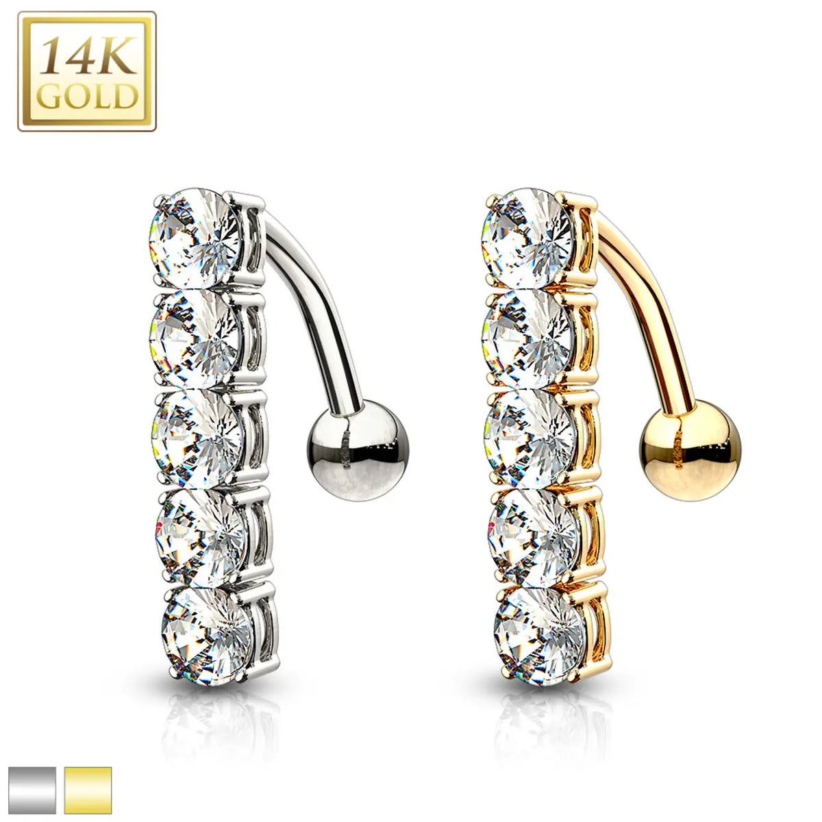 14K Solid Gold 14 Gauge Reverse Belly Ring with 5 CZ