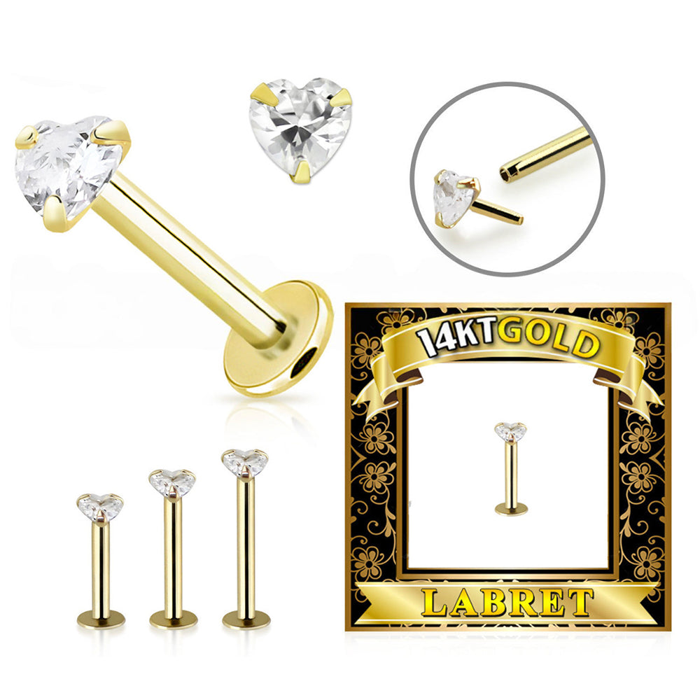 14K Solid Gold Labret Stud 16G 6mm to 16mm with Heart CZ Top - photo 4