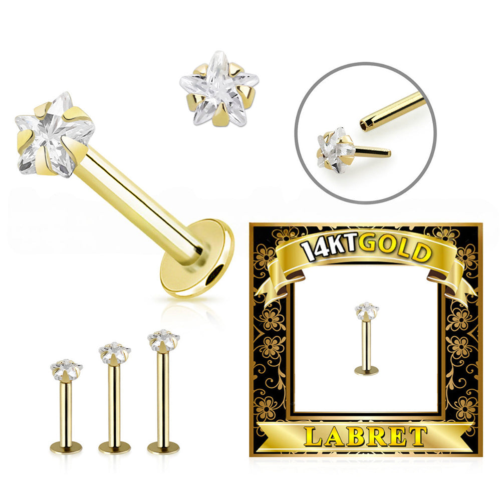 14K Solid Gold 16 Gauge Star CZ Top Labret Stud