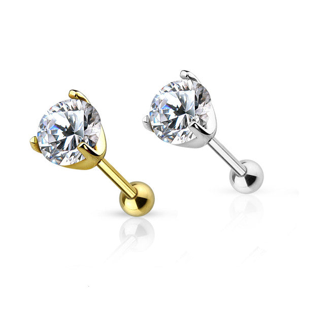 14 Karat Solid Gold Cartilage / Tragus Barbell 16 Gauge 6 MM & CZ Top