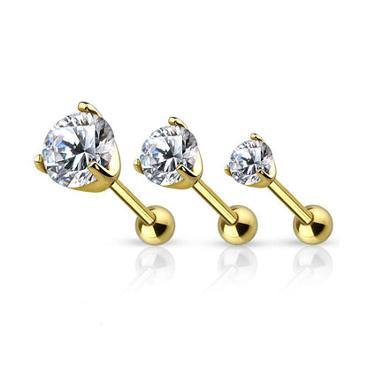 14 Karat Solid Gold Cartilage / Tragus Barbell 16 Gauge 6 MM & CZ Top