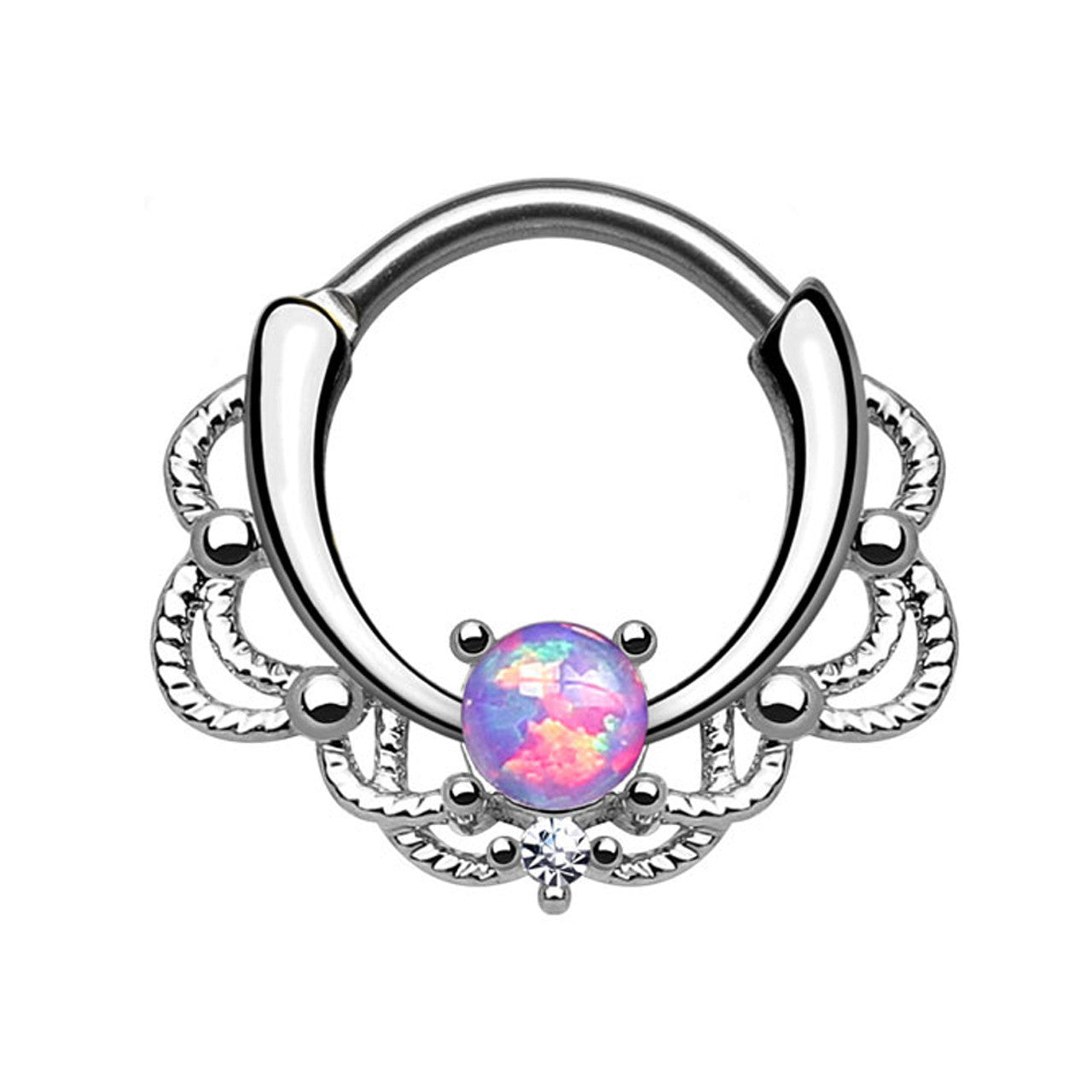 Surgical Steel Septum Clicker Ring 16 Gauge with Lace Design Opal Gem