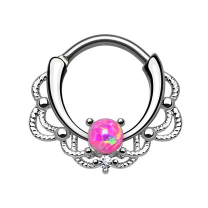 Surgical Steel Septum Clicker Ring 16 Gauge with Lace Design Opal Gem