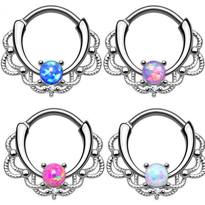 Surgical Steel Septum Clicker Ring 16 Gauge with Lace Design Opal Gem