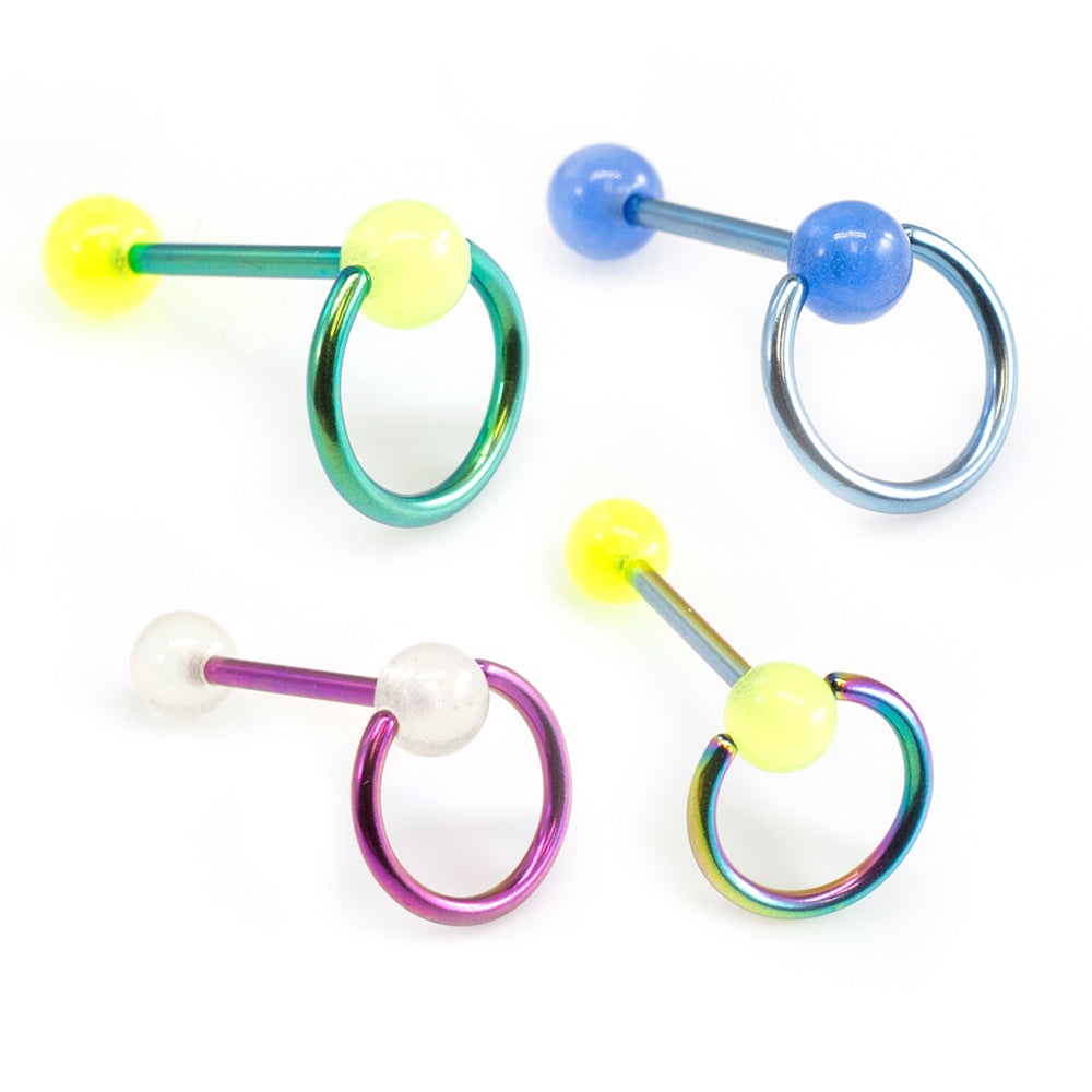 Titanium Door Knocker Tongue Barbell 14 Gauge Glow Balls - 4 Colors