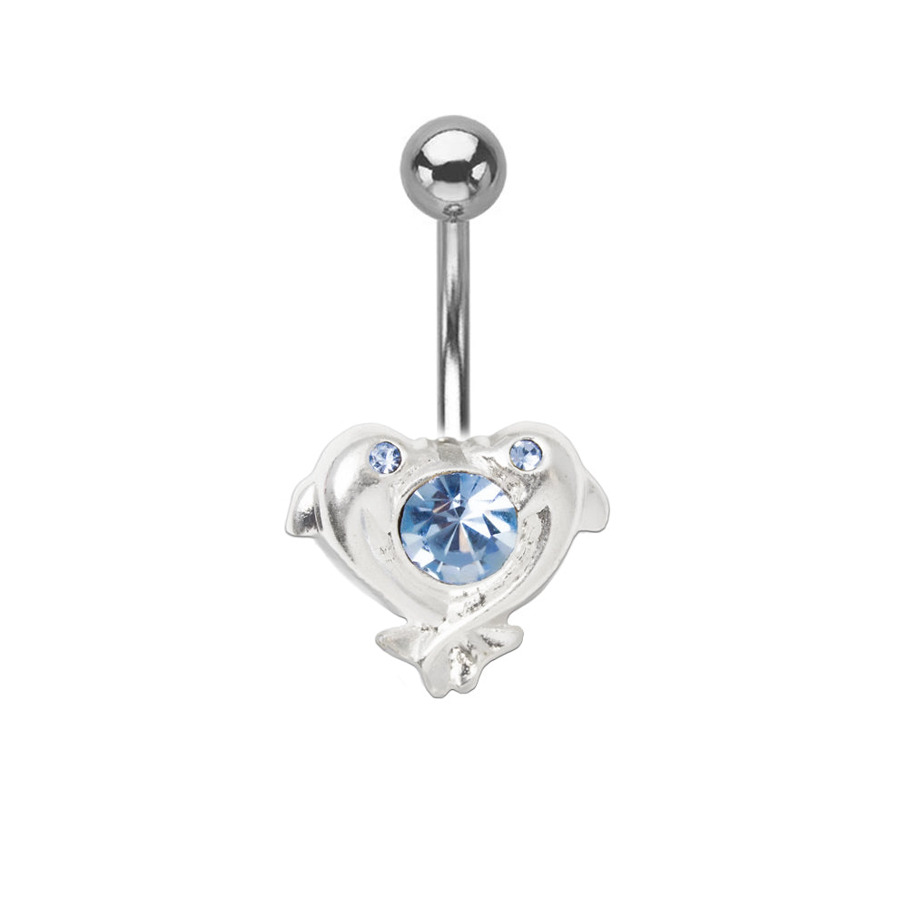 Surgical Steel 14 Gauge Belly Ring with Light Blue Dolphin Heart