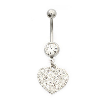 Surgical Steel 14 Gauge Belly Ring with Paved CZ Heart Dangle