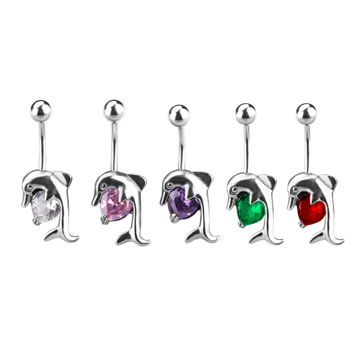 Surgical Steel 14 Gauge Belly Ring with Dolphin Heart Gem