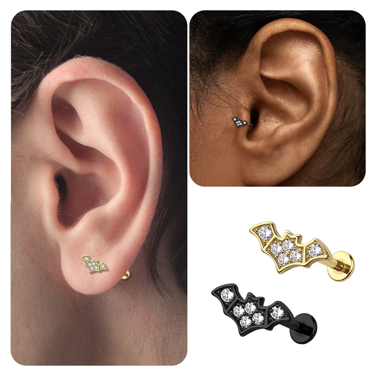 Surgical Steel Flat Back Labret Stud 18G 8mm with Gothic Bat CZ - photo 2