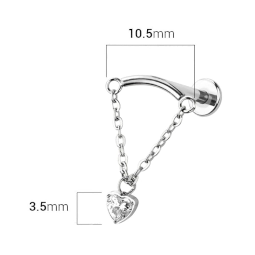 Surgical Steel Curved Labret Stud 18G 6mm & 8mm Heart Chain Dangle - photo 2