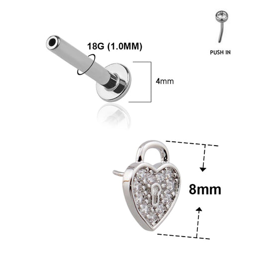 Surgical Steel 18 Gauge Labret Stud with Push Heart Lock CZ