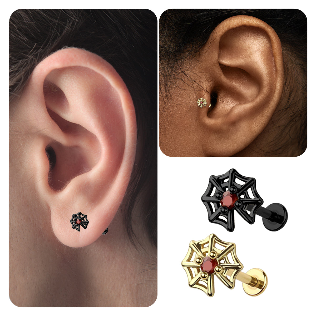 Surgical Steel Flat Back Labret Stud 18G 8mm with Red CZ Spider Web - photo 2