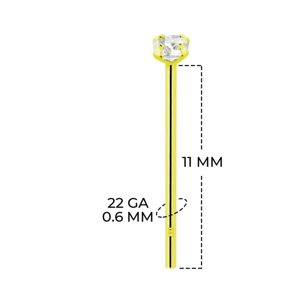18K Solid Gold 22 Gauge Prong CZ Fishtail Nose Stud