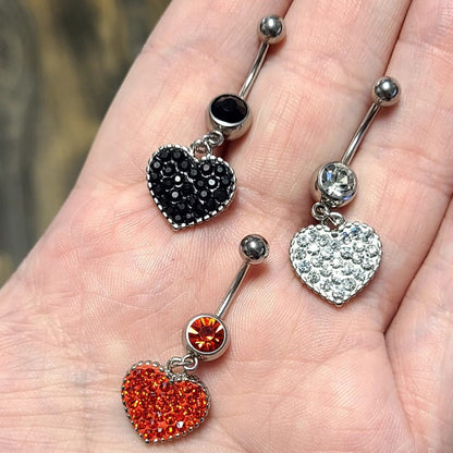 Surgical Steel 14 Gauge Belly Ring with Paved CZ Heart Dangle