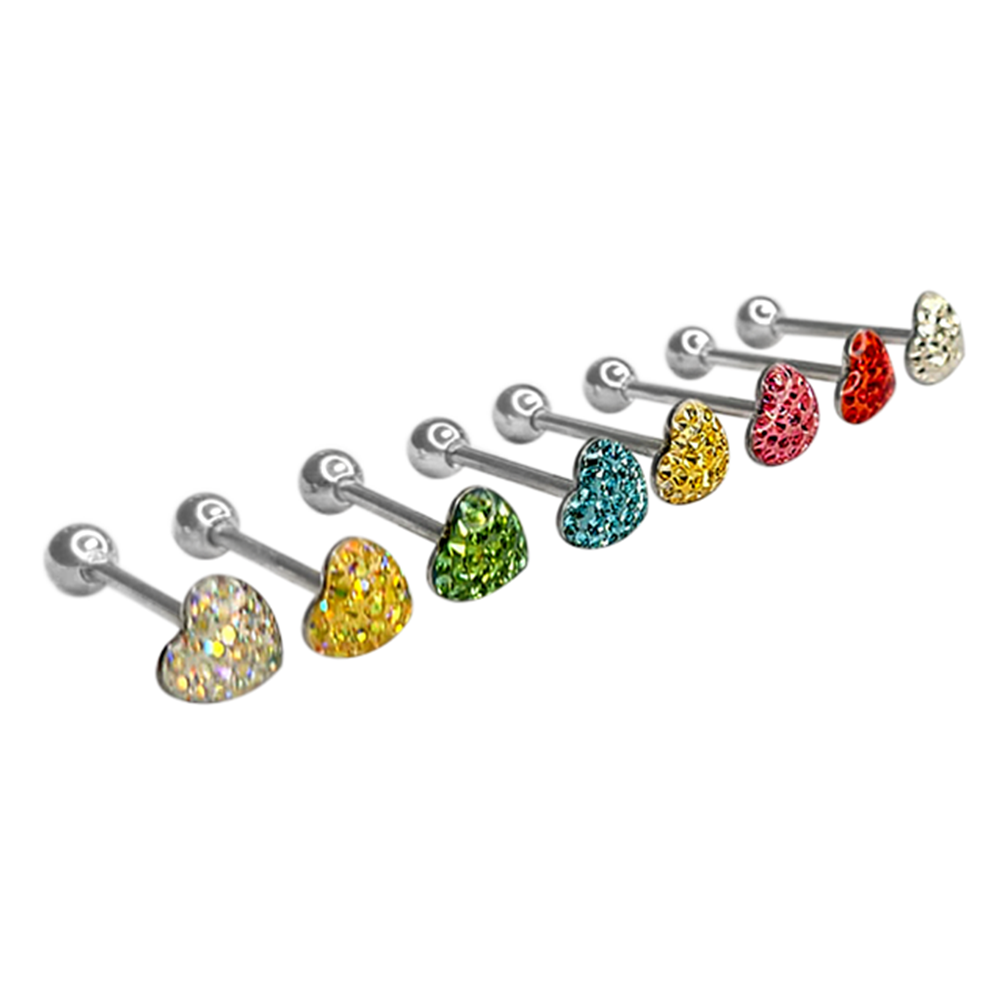Surgical Steel 14 Gauge Tongue Barbell with Heart Paved CZ