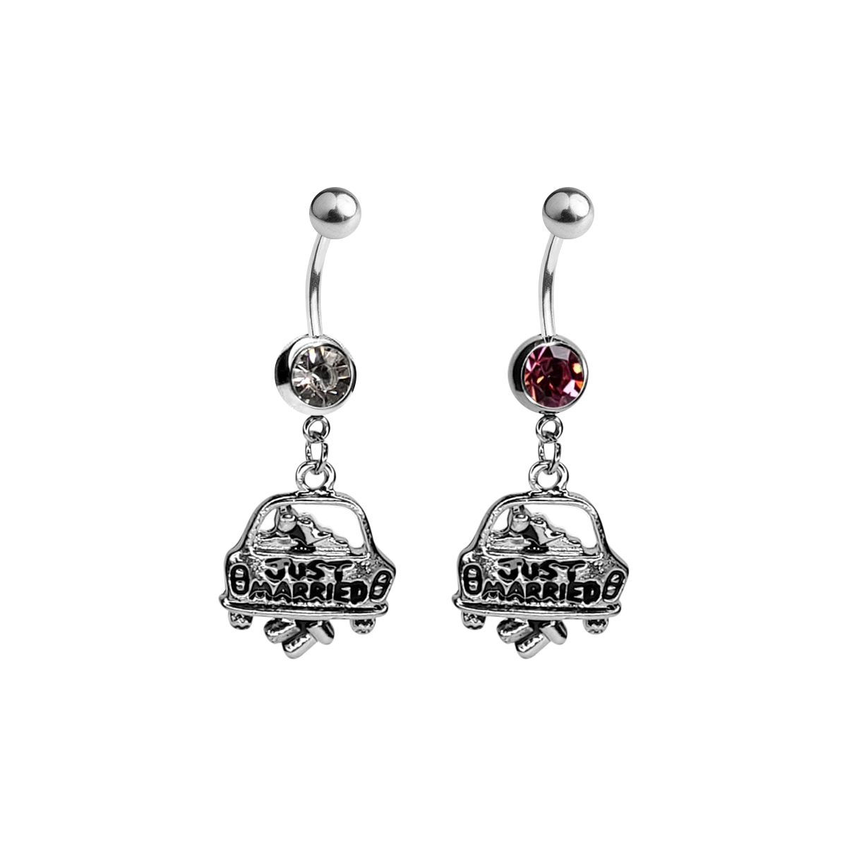 Surgical Steel 14 Gauge Belly Ring with CZ Just Married Dangle