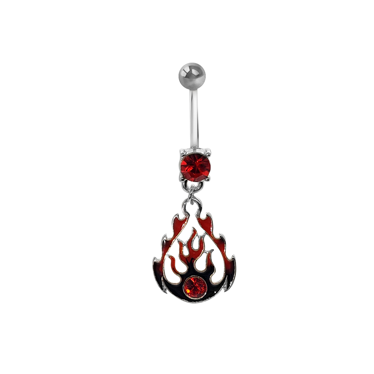 Surgical Steel 14 Gauge Belly Ring with Red CZ Tribal Flames Dangle