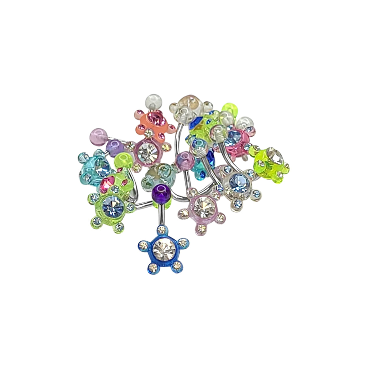 Surgical Steel & Acrylic 14G Flower CZ Belly Navel Rings - 6 Pack