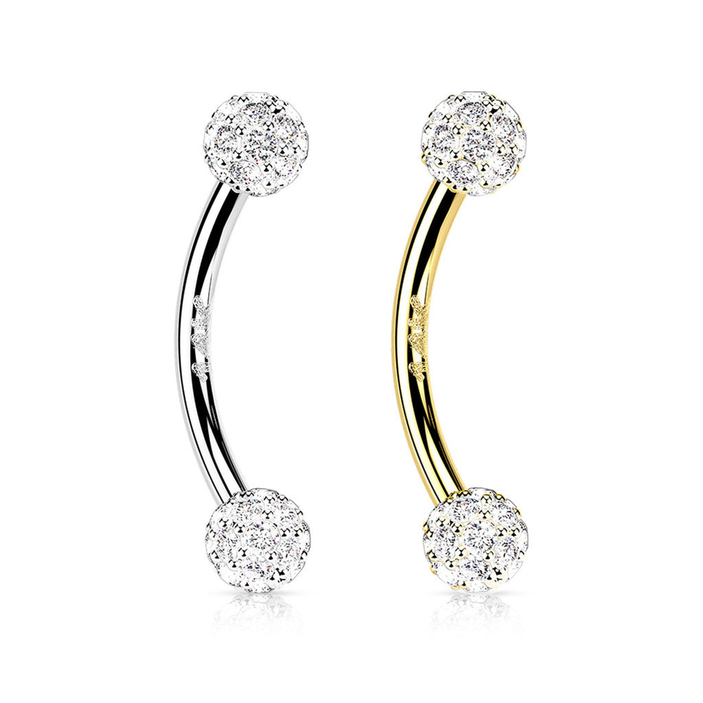 14 Karat Solid Gold Curved Barbell 16 Gauge Eyebrow Gem Paved Ball - Kruelty