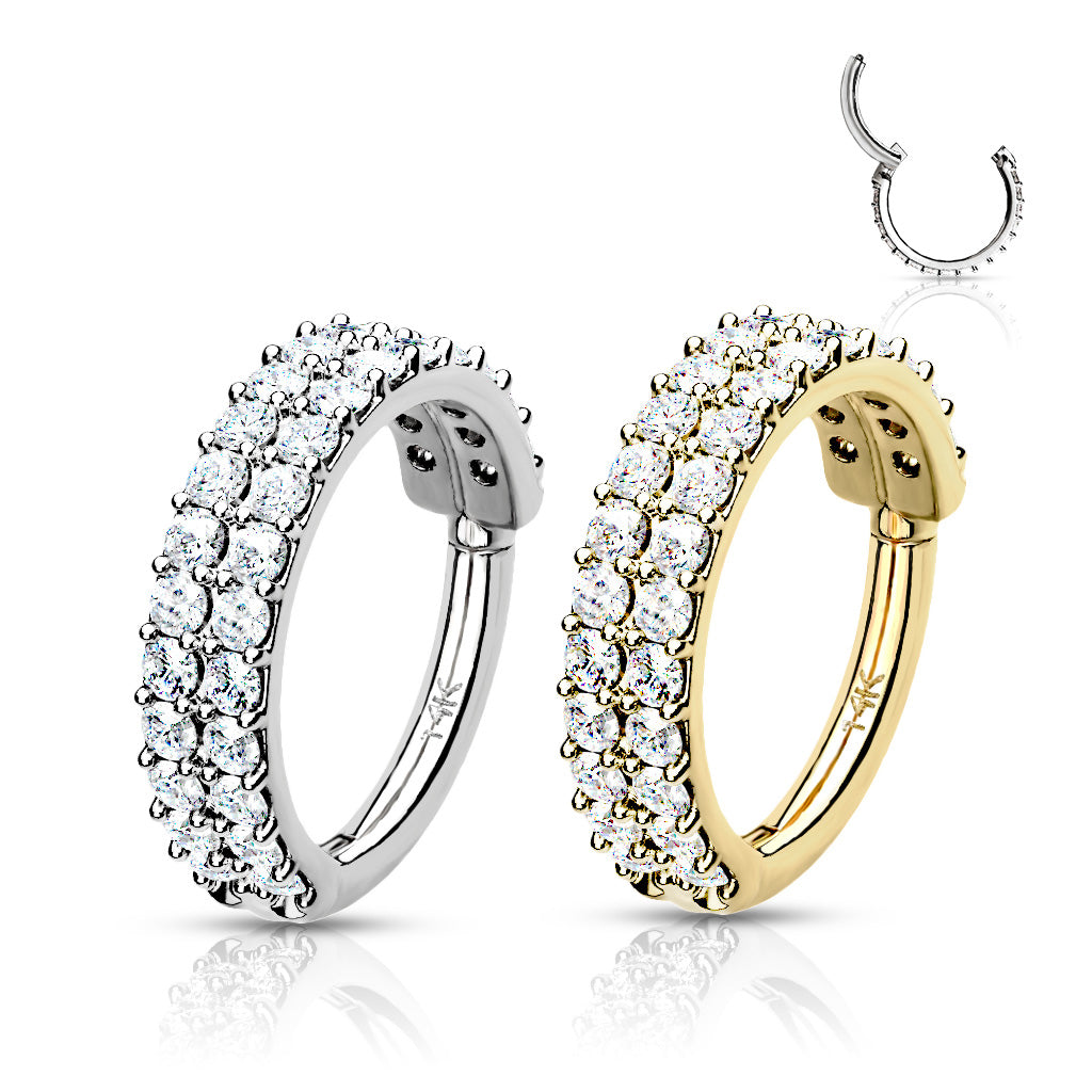 14K Solid Gold 16 Gauge Hinged Segment Ring with Double Line Paved CZ