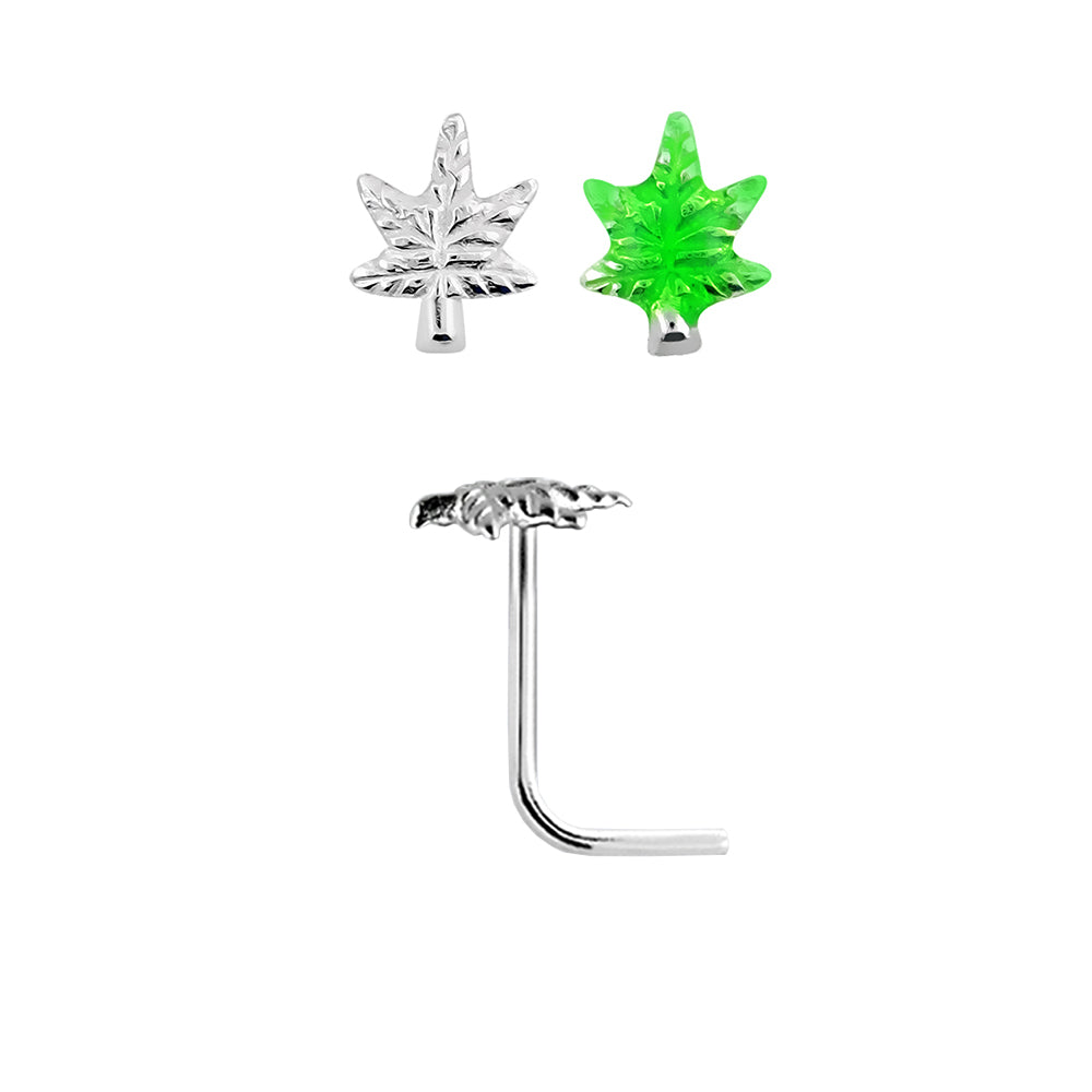 .925 Sterling Silver 22 Gauge L Shape Pot Leaf Nose Stud