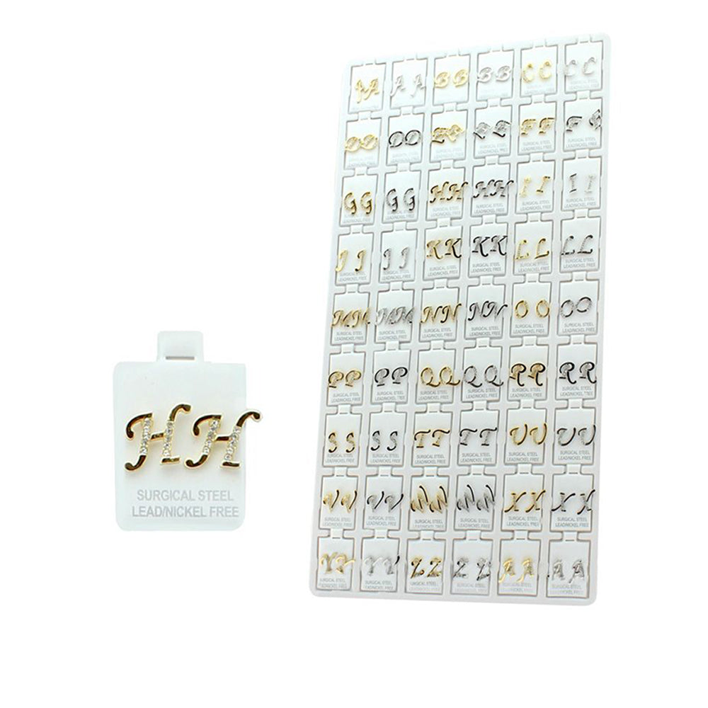 Surgical Steel Alphabet Initial Stud Earrings Tray Set - 54 Pairs