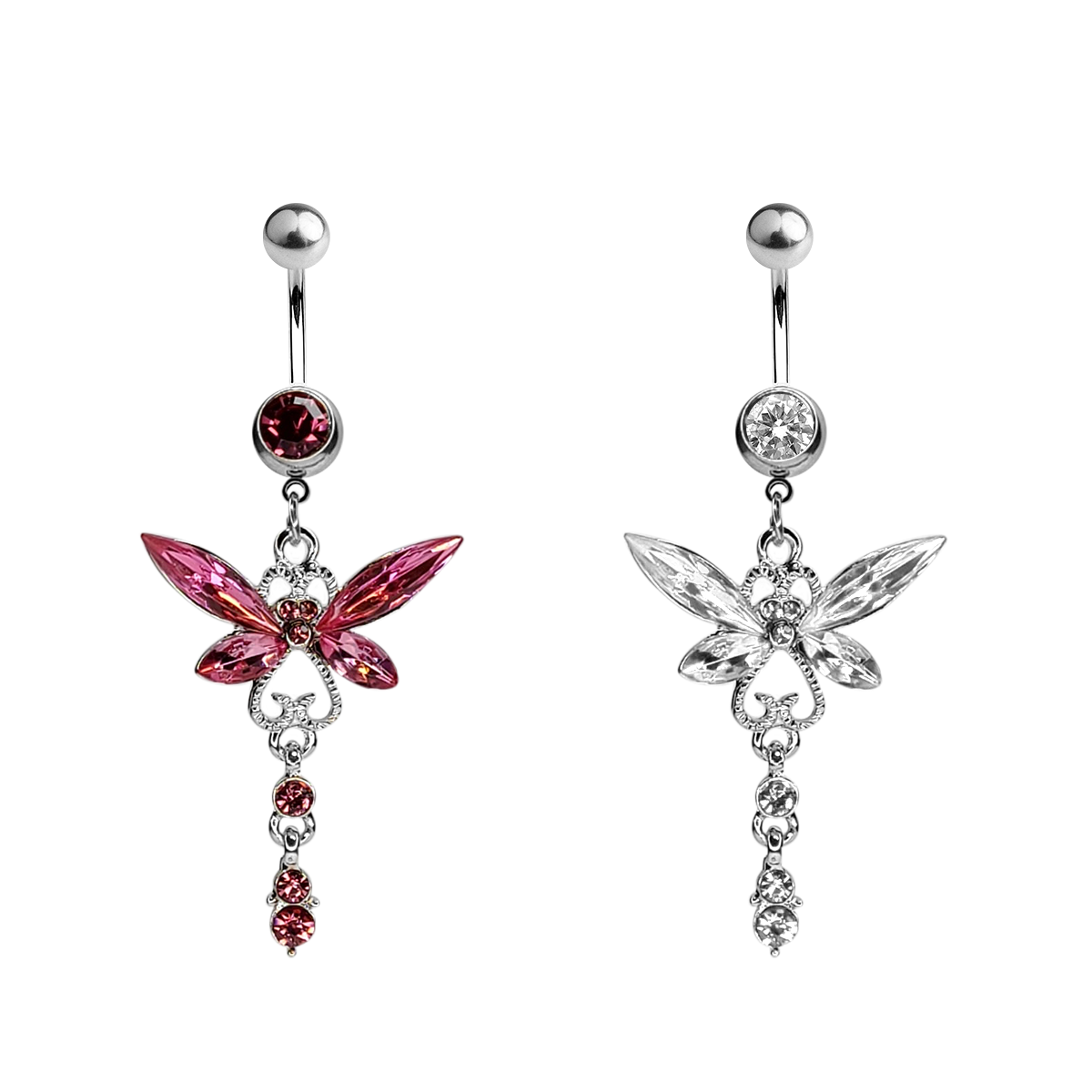 Surgical Steel 14 Gauge Belly Ring with Large CZ Dragonfly Dangle