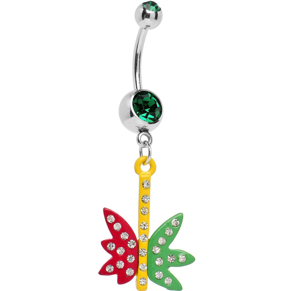 Surgical Steel 14 Gauge Belly Ring with Green Gem CZ Pot Leaf Dangle