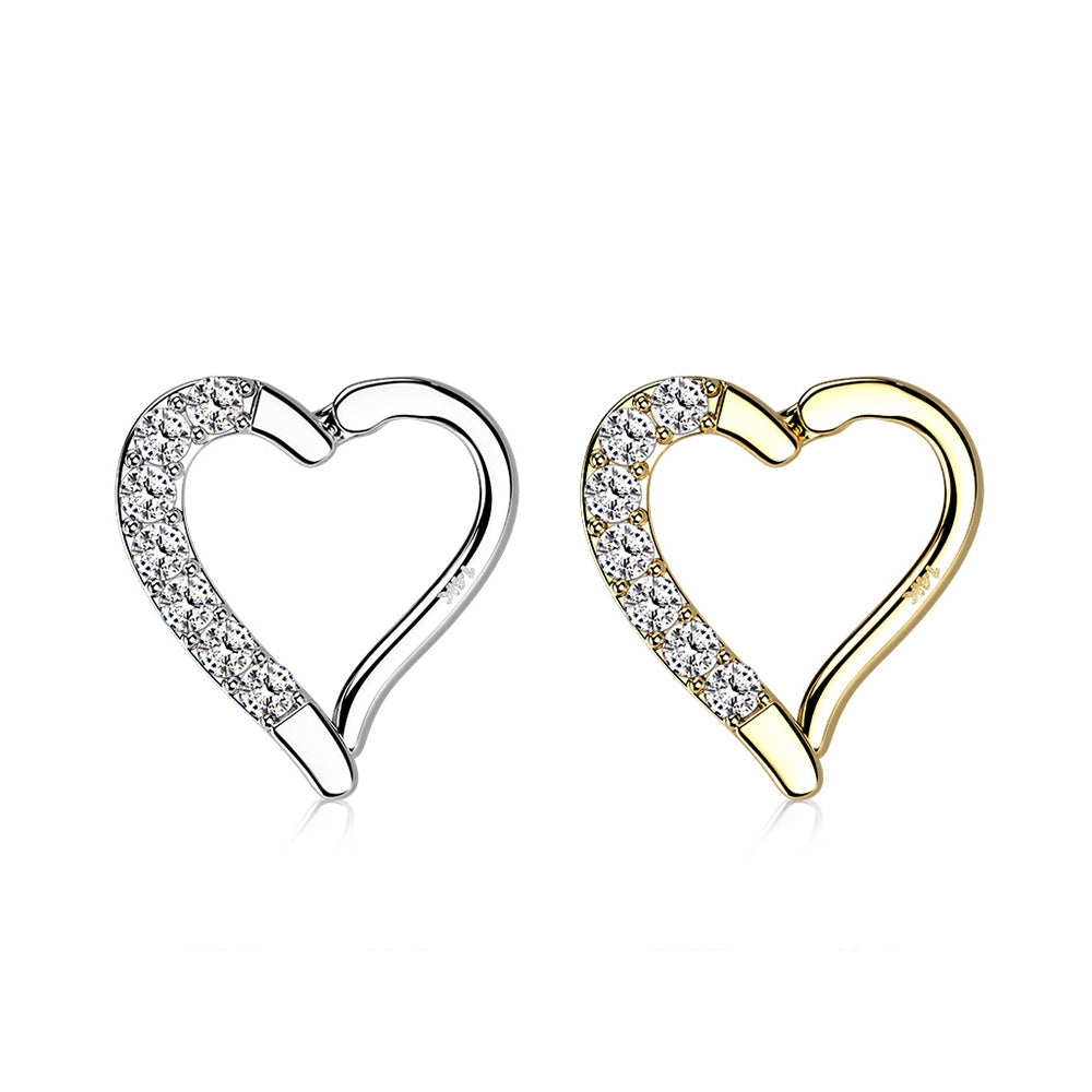 14K Solid Gold 16 Gauge Hinged Hoop Ring with CZ Heart