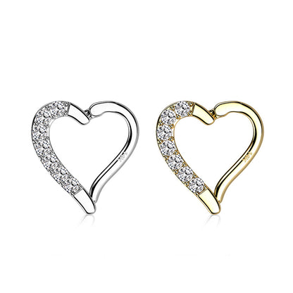 14K Solid Gold 16 Gauge Hinged Hoop Ring with CZ Heart