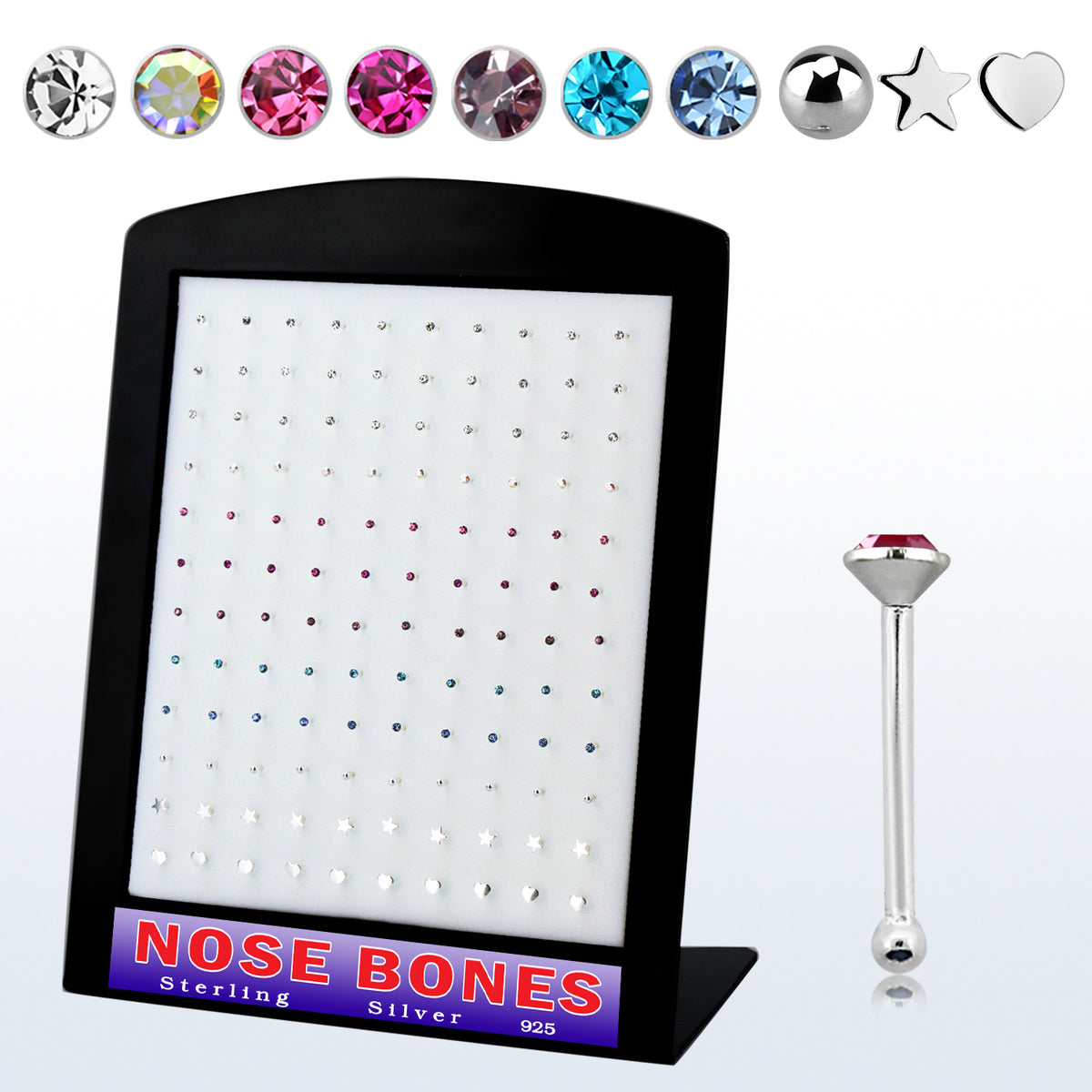 .925 Sterling Silver 22G Nose Bone Studs Assorted Display - 120 Pack
