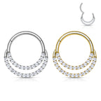 14K Solid Gold Hinged Segment Hoop Front Facing Double Line CZ