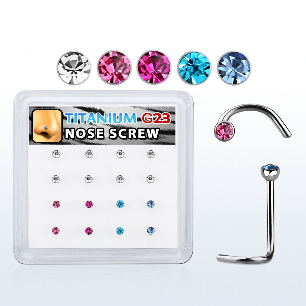 Titanium Nose Screw Studs 20 Gauge with Press-Fit 2mm Gems - 16 Pack - photo 2