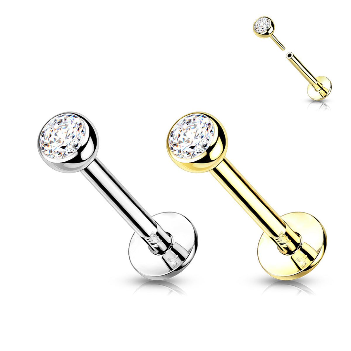 14 Karat Solid Gold Labret / Monroe Stud 18 & 16 Gauge with CZ Gem - Kruelty